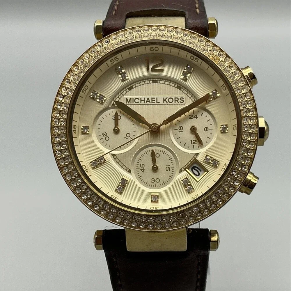Michael Kors Womens Watch 39mm Gold Tone Leather Chronograph MK-2249 New Battery
